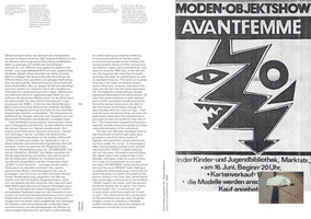 A black-and-white page from a publication with columns of German and English text. The right side features a poster for a show called MODEN-OBJEKTSHOW AVANTFEMME, with a bold, abstract graphic of a jagged face. Below the poster are event details and a small, inset color photograph of a person covered by a white sheet on the pavement.