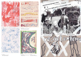 A composite image from a publication, showcasing various German artworks and event announcements. On the left are a red abstract print, line drawings, blue sketches of figures, and a poster from 1992. On the right, a larger collage features a black-and-white photo of performers in elaborate masks, with text for a 2022 performance by the künstlerinnengruppe erfurt.