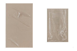 A minimalist art composition displayed as two panels against a white background. Both panels consist of a light brown, textured fabric. The larger panel on the left features diagonally placed strips of clear, wrinkled plastic. The smaller panel on the right is covered by a crumpled sheet of clear plastic, bunched at the bottom.