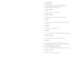 A page from a book's table of contents, with page numbers listed on the left and corresponding chapter or entry titles on the right. The entries, dated in 2009, include titles such as Thomas Hirschhorn, The Bijlmer Spinoza-Festival, Letter to Lisa Lee, and Letter to Claire Bishop. The list is structured chronologically with boxed date ranges like May 2 — May 17 and June 22 — June 28.