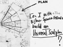 A black-and-white, hand-drawn architectural sketch. On the left is a floor plan for a fan-shaped building, labeled Dimensions Big Book, with rooms like Exhibition, Library, and Platform, and various measurements. On the right, large handwritten text asks: Can I with The Bijlmer Spinoza-Festival build an Universal Sculpture?