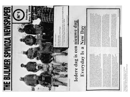 A black and white image showing the front page of The Bijlmer Spinoza Newspaper, issue number 1, dated Saturday, May 2, 2009. At the top is a photo of a group of men, the construction team, posing outdoors. The main headline below reads, Iedere dag is een nieuwe dag / Everyday Is a New Day. The page contains two columns of text, one in Dutch and one in English.