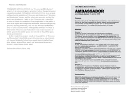 A two-page document spread. The left page, numbered 26, is in English and titled Presence and Production, describing Thomas Hirschhorn's art project, The Bijlmer Spinoza-Festival. The right page, numbered 27, is in French and titled Ambassador, outlining a mission for Vittoria Martini for the festival, including her responsibilities and remuneration.
