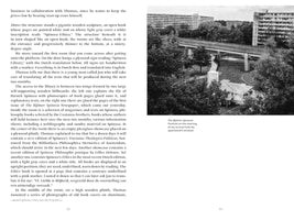 A two-page book spread. The left page contains several paragraphs of text. The right page features a black and white, high-angle photograph of an outdoor art installation in a park-like setting, surrounded by trees, large apartment buildings, and a concrete overpass. A caption identifies it as the Bijlmer Spinoza-Festival.