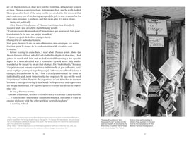 A black and white two-page spread from a book. The left page, 46, contains a column of text discussing art and politics. The right page, 47, features a large photo of a cluttered art installation with handwritten notes and newspapers hanging on a wall. A sign at the top reads Daily-Newspaper to CONSULT. A caption is printed below the photograph.