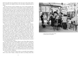 A two-page spread from a book. The left page contains a full page of text. On the right, a black and white photograph shows a group of children and an adult gathered around a workbench in a workshop setting. Below the image is the caption: Daily presence of many children at the workshop table on the platform.