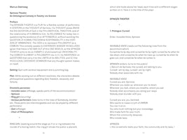Two pages from the play script for Spinoza Theater by Marcus Steinweg. The left page, numbered 76, contains the preface, setting, plot summary, and list of characters. The right page, 77, shows the beginning of the play, titled 1. Prologue: Cursed, with dialogue between an Invisible Voice and the character Spinoza.