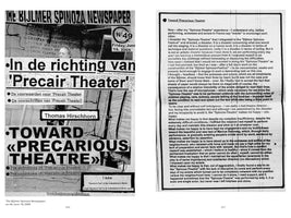 A black and white two-page spread from a publication. The left page is the cover of The Bijlmer Spinoza Newspaper, issue 49, dated June 19, 2009. It has a collage style with headlines about Precarious Theatre by Thomas Hirschhorn. The right page contains a block of text titled Toward Precarious Theatre, an artist's reflection on the project.