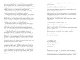 An open book showing two pages of text. On the left, page 170 features a reflection on a performance art piece called Spinoza Theater. On the right, page 171 lists the definitions and conditions for Precarious Theater by Thomas Hirschhorn, followed by the beginning of an email from Mignon Nixon.