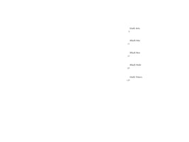 A table of contents on a plain white page. The entries, in a black serif font, are listed vertically: Dark Arts, 6; Black Site, 12; Black Box, 52; Black Hole, 96; and Dark Times, 138.