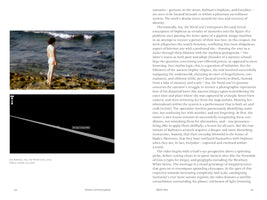 A two-page spread from a book. The left page, numbered 18, features two images from Jon Rafman's video, You, the World and I. The top image shows a person seen from behind standing on a rocky shore looking at the sea. The bottom image is a dark screenshot of a digital map interface with a message that the image is no longer available. The right page, 19, contains two columns of text, an essay analyzing the artwork.