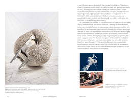 A two-page spread from a book. The left page, 46, shows a large, cream-colored, heavily textured sculpture, Anthropometry by Juliana Cerqueira Leite, which envelops a metal stepladder. The right page, 47, contains text and two smaller photos: one of the Space Shuttle Challenger exploding and another of the 2017 Charlottesville car attack.