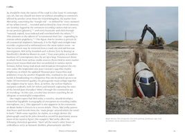 A two-page spread from a book with text on the left page under the heading Coffin. The right page features a large color photograph showing the front section of a jet airliner in a long, deep trench, being buried by a yellow excavator in a barren landscape under a cloudy sky.