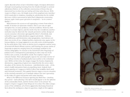 A two-page spread from a book. The left page contains a column of text, while the right page features a large, vertical image of an iPhone. The phone's dark screen is entirely covered with greasy, brown finger smudges that create a continuous, wavy, abstract pattern. A caption below identifies the image as the artwork Sweat on Retina by Britta Thie.