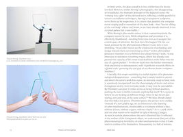 A two-page spread from a book about the artist Tilman Hornig. The left page, 72, shows two artworks: a top photo of GlassBook, a transparent glass rectangle on a stand in a gallery, and a bottom photo of GlassPhone, showing two hands holding clear, phone-shaped glass objects. The right page, 73, contains a block of text discussing the artworks. The footer on the left reads Poetics of Encryption, and on the right, Black Box.