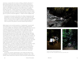 A two-page spread from a book, pages 90 and 91, discussing encryption in art. The left page contains dense text. The right page features three photographs related to the art project Treasure of Lima: A Buried Exhibition. The top photo shows an inflatable raft with a white box in choppy water near dark rocks. The two bottom photos show two men in a dark, watery cave carrying the box, and a lush, rocky alcove in a jungle. A caption below identifies the project.
