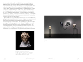 A two-page spread from a publication. The left page, 128, contains a block of text and an image of a classical-style marble bust that is partially digitally reconstructed. The right page, 129, displays a gallery installation with two sculpted heads on pedestals, separated by electronic equipment with screens and wires mounted on the wall.