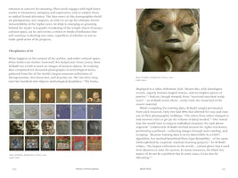 A two-page spread from a book discussing Nora Al-Badri's AI art project, Babylonian Vision. The left page features text and a grid of AI-generated images of ancient-style pottery, jewelry, and faces. The right page has more text and a large, close-up image of a distorted, gray sculptural face with dark, hollow eyes, generated by an AI.