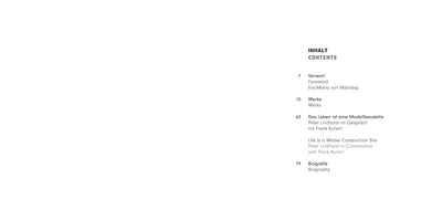 A minimalist table of contents page from a book, with headings in both German and English. The sections listed are: Vorwort/Foreword on page 7, Werke/Works on page 10, Das Leben ist eine Modellbaustelle/Life Is a Model Construction Site on page 63, and Biografie/Biography on page 79.
