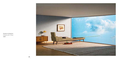 A surrealist photograph of a mid-century modern room where one entire wall is open to a vast blue sky with white clouds. A chaise lounge is positioned at the edge, with a glass diving board extending from its end out into the open sky.
