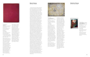 An open art book displaying pages 88 and 89, with text in German. The left page features a large, solid crimson abstract painting by Gotthard Graubner. The right page displays two smaller artworks: a muted, textural painting of a coiled form by Morris Graves, and a photograph of a painted magazine by Katharina Grosse. The text discusses the work of these three artists.