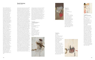 A two-page spread from a German art book about artist David Hockney. Pages 134 and 135 feature columns of text and reproductions of four of his abstract paintings with detailed captions.