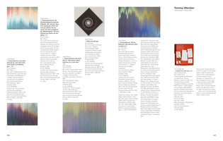 A two-page spread from an art catalog, pages 340 and 341, printed in German. The pages feature several abstract paintings with colorful gradients and a spiral design, along with a photograph of a red box containing art objects. Each image is accompanied by a block of descriptive text.