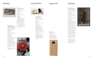 A two-page spread from an art catalog, pages 336 and 337, featuring works by four artists with accompanying German text. On the left are pieces by Wolf Vostell and Franz Erhard Walther. On the right are artworks by Zhé Wang and Andy Warhol, including his screenprint of Merce Cunningham. Each entry includes a small image of the artwork and detailed information about it.