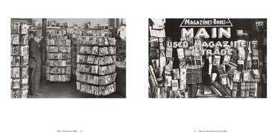 A black and white diptych of two historical photographs of bookstores. On the left, from 1958, a man in a suit and hat browses paperbacks on rotating racks in a crowded bookshop. On the right, from 1965, is a close-up of the cluttered exterior of the Main St. Book Store, showing a sign advertising used magazines and a window display packed with books.