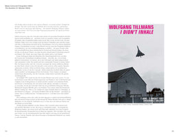 A two-page spread from a publication. The left page contains an article in German. The right page displays a black and white exhibition poster by Wolfgang Tillmans titled I Didn't Inhale. The poster shows a Concorde supersonic jet flying over the roof of a house against a cloudy sky. The exhibition details for the Chisenhale Gallery in 1997 are at the bottom.