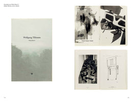 A page layout showing excerpts from Wolfgang Tillmans' Wako Book 3. On the left is the book cover, which is grey with the title over a misty image of trees. On the right are two open spreads from the book. The top spread has an abstract inkblot image and a high-contrast graphic. The bottom spread shows a black and white photo of black items scattered on a hallway floor next to a line drawing of a chair.