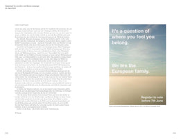 A two-page spread from a book. On the left is a page of German text titled Statement für pro-EU / anti-Brexit campaign, 25. April 2016. On the right is a campaign poster with a hazy sky background. The poster reads: It's a question of where you feel you belong. We are the European family. Register to vote before 7th June.