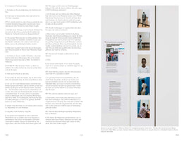 A two-page spread from a book or catalog showing an art installation. The pages feature a transcript of an interview in German. In the center is a vertical panel with a series of photographs depicting several Black individuals, along with printed texts. A caption identifies the work as an installation view of Qu'est-ce qui est différent? (What is different?) from 2018.