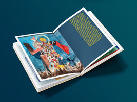 An open hardcover book is laid at an angle on a dark teal surface. The left page features a colorful, complex abstract painting of figures on a structure against a blue background. The facing right page contains a block of German text on a solid dark blue background with a subtle wavy pattern.