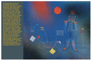 A page from a German children's book with a colorful, abstract illustration on the right. The artwork depicts a stylized captain in a blue uniform with red details, standing against a speckled dark blue night sky with a large red moon. The scene is filled with simple, geometric drawings of boats and flags.