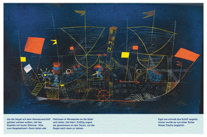 A whimsical, childlike painting of a large sailing ship against a dark blue background, in the style of Paul Klee. The ship is rendered with thin, colorful lines, featuring yellow rigging, orange and yellow flags, and a central smokestack. Small, stylized figures of sailors populate the deck, steering the ship and managing the sails. White, wavy lines at the bottom depict the sea with a few small fish swimming alongside the vessel.