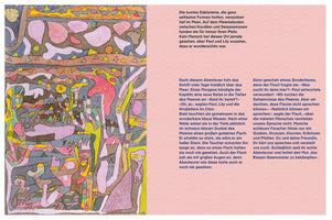 A page from a children's book, split vertically. The left side features a colorful, abstract painting in a naive style, showing a whimsical underwater scene with various shapes and figures. The right side contains several paragraphs of German text on a solid light pink background.