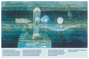 An abstract painting of a whimsical underwater scene with a background of horizontal blue and green stripes. A tall, central structure combines a brick tower with the tail of a fish. It is surrounded by several stylized, floating fish and other abstract shapes. The image appears as an illustration on a book page with German text below.
