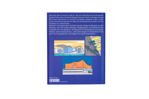The back of a dark blue book against a white background. The cover features German text at the top and three comic-style illustrations of modern buildings below. An ISBN, barcode, and website address are at the bottom.
