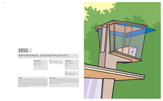 A page layout about the Verkehrskanzel Joachimsthaler Platz from 1955. On the left is German text describing the architects, style, and history. On the right is a color illustration of the modernist traffic control booth, showing an elevated, glass-walled cabin on a concrete support against a green and yellow background.
