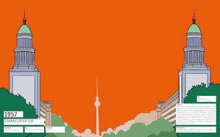 A stylized graphic poster of the Frankfurter Tor in Berlin against a vibrant orange sky. Two symmetrical, classical-style towers with light green domes frame a central view of the Berlin TV Tower silhouette. White text boxes with German text provide information about the location, including the year 1957.