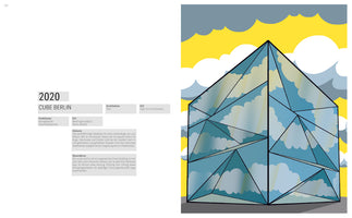A page layout about the Cube Berlin building from 2020. The left side features German text with details about the building's function, location, architects, and history. The right side shows a stylized illustration of the cube-shaped building with a multifaceted glass facade reflecting a blue sky with clouds, set against a yellow background with more clouds.