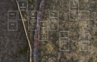 An aerial photograph of a hillside shows people walking up a long, steep staircase. Overlaid on the image is a visual table of contents in German, with white-outlined boxes detailing chapters about Jainism, such as Jainismus, Wissen, Gemeinschaft, and Gesellschaft, each with a page number and a small icon.