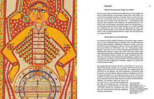 A two-page book spread. The left page features a colorful, intricate 19th-century Indian painting of the Cosmic Man, a large, stylized figure filled with geometric patterns. The right page contains German text with the title Vorwort.