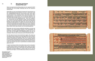 A book page with German text on the left, and on the right, two photographs of a horizontal Jain manuscript page from India. The aged, yellowish leaf is filled with dense black script, with red vertical lines and markings creating columns and sections. The lower photograph shows a detailed grid table and a small cosmological diagram.