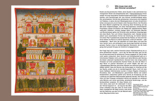 A page from a book displaying a large, vertical Indian painting from Rajasthan next to a column of German text. The detailed painting depicts a multi-storied heavenly palace with numerous rooms and pavilions where colorfully dressed figures are shown conversing, dancing, and participating in courtly activities amidst lush gardens.