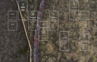 An aerial photograph of a long, steep staircase on a dry, brush-covered hillside, with numerous people climbing it. Superimposed over the image are white rectangular outlines functioning as a table of contents for a publication about Jainism. Sections include Foreword, Jainism, Knowledge, Renunciation, Community, Cosmos, Society, and Glossary, each with a corresponding page number and a brief question.