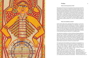 An open book spread from a museum catalog about Jainism. The left page features a colorful 19th-century Indian painting titled The Cosmic Man, showing a stylized, yellow-skinned figure with a geometric body and a circular cosmogram below. The right page contains the text for the exhibition's preface, discussing the core principles of Jainism.