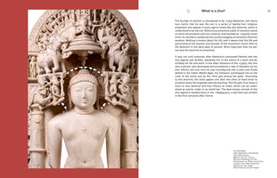 A page layout from a publication. On the left is a large photograph of an intricate white marble sculpture of Jina Rishabha, a serene seated figure surrounded by smaller carvings of people and elephants. On the right, there is a block of text with the heading What is a Jina?, which explains the religious figure in Jainism, followed by a caption detailing the artwork's origin and history.