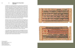 An open book spread with the title What do Jain manuscripts look like? The left page consists of English text describing the manuscripts. On the right are two photographs of 18th-century rectangular Jain manuscript pages on aged paper. The pages are filled with dense Indic script in black and red ink. The lower manuscript also features a large grid-like table and a small circular diagram.